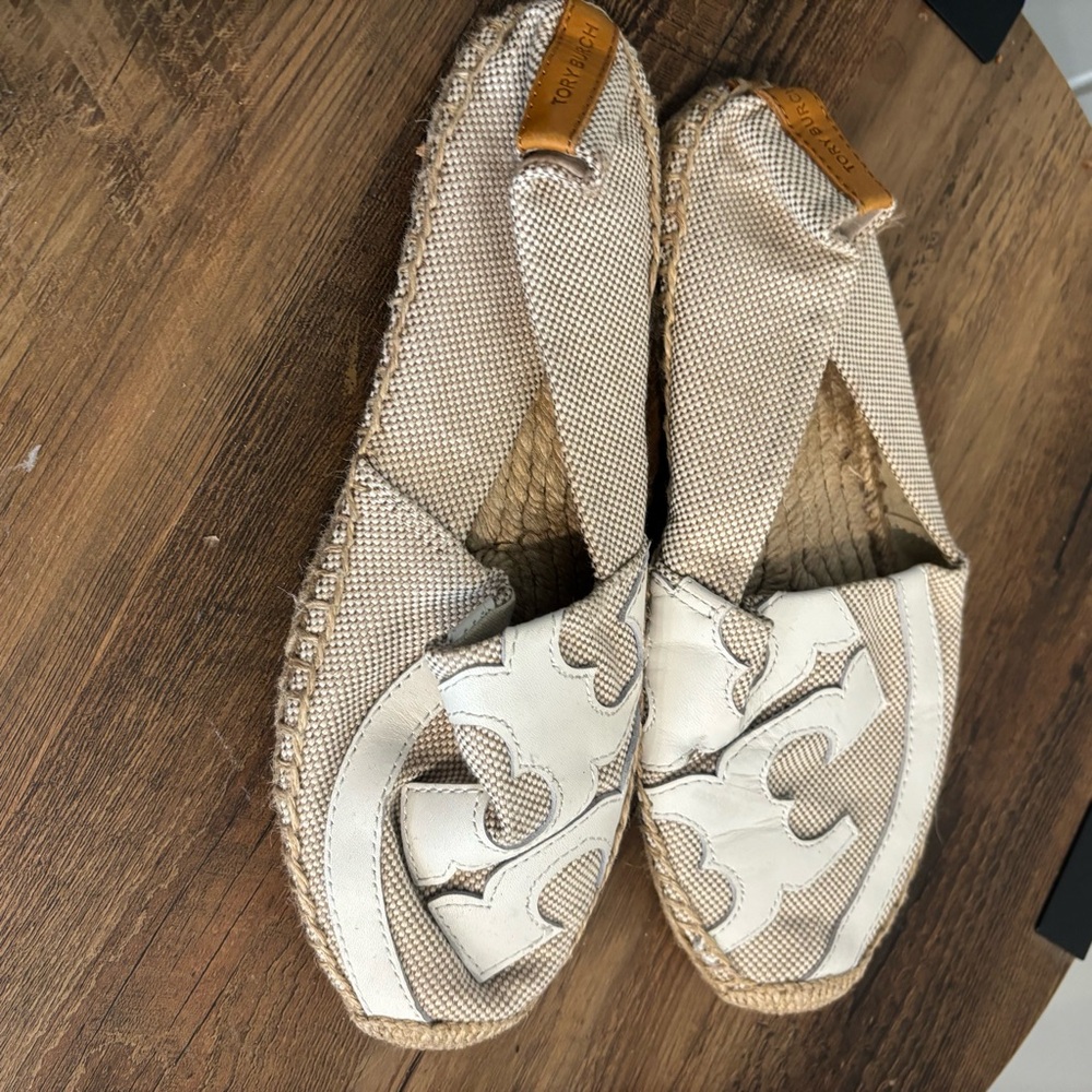 Tory Burch Lonnie Espadrille Flats Women’s 8 Natural Cream / Royal Tan